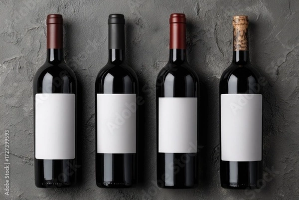 Fototapeta Four wine bottles with blank labels on a gray stone surface