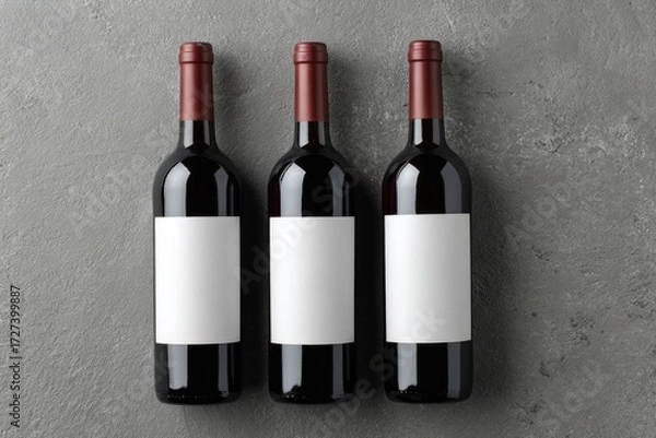 Fototapeta Three wine bottles with blank labels on a gray stone surface