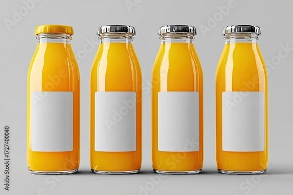 Fototapeta Four clear glass juice bottles, filled with orange juice, with white labels