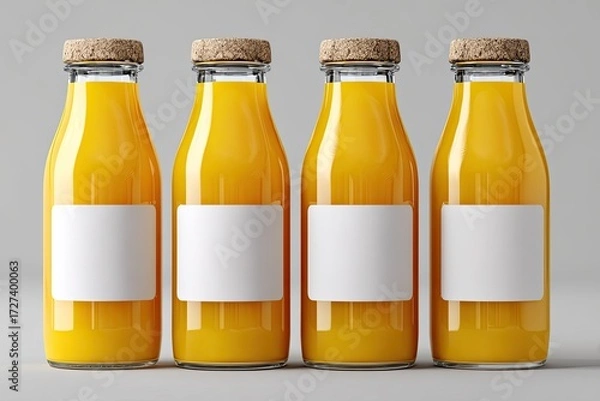 Fototapeta Four clear glass bottles of orange juice, each with a cork-top and blank label