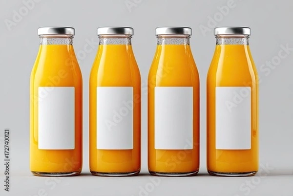 Fototapeta Four clear glass bottles of orange juice with blank labels