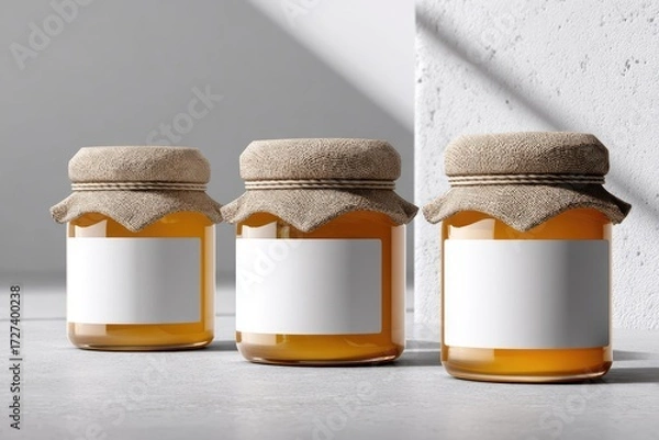 Fototapeta Three honey jars with blank labels on a light gray surface