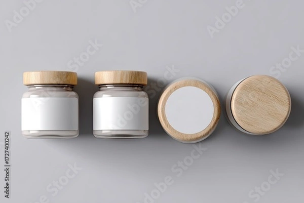 Fototapeta Three small glass jars with wooden lids and blank labels on a light gray background