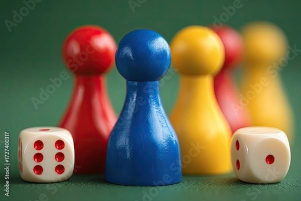 Fototapeta Colorful game pieces and dice on a green surface (3)