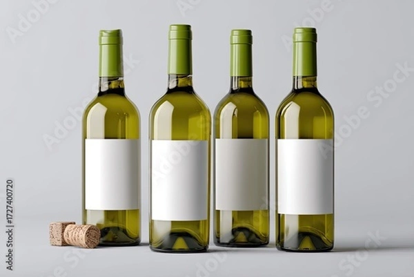 Fototapeta Four wine bottles with blank labels on a gray background
