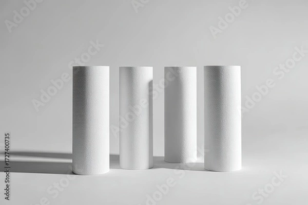 Fototapeta Four cylindrical white forms against a plain white background