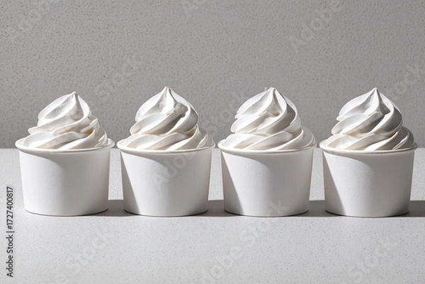 Fototapeta Four cups of whipped ice cream on a light surface