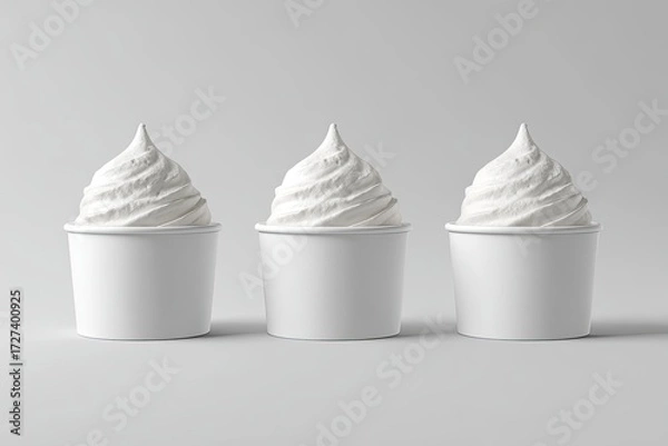 Fototapeta Three identical white cups of frozen yogurt
