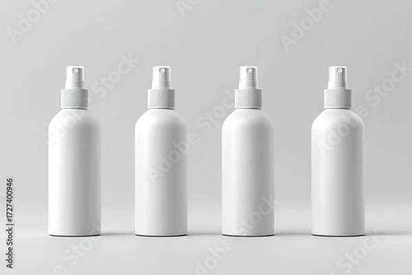 Fototapeta Four identical white spray bottles arranged in a row on a light gray background
