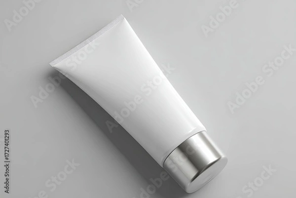 Fototapeta White cosmetic tube on light gray background
