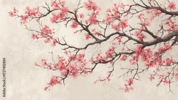 Fototapeta Traditional Japanese-style line art of sakura branches on light rice paper texture background, soft pastel tones