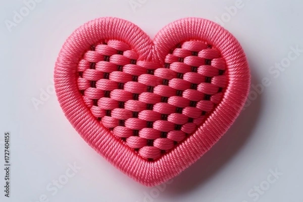 Fototapeta Meticulously Crafted Embroidered Pink Heart Patch with Basketweave Texture and Glossy Thread on Light Background