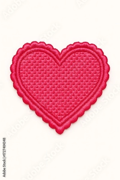 Fototapeta Intricately Embroidered Red Heart Patch with Scalloped Edges and Diagonal Thread Texture on a Clean Cream Background