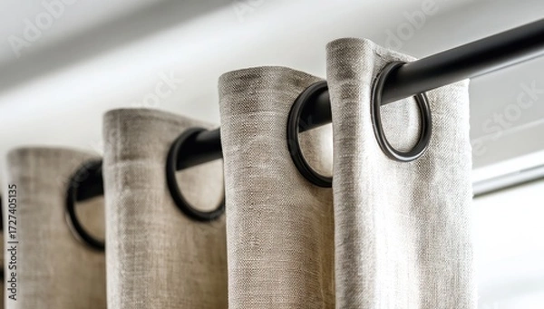 Obraz Close-up of beige linen curtains on a black rod