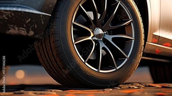 Fototapeta A photo of a tire under a car