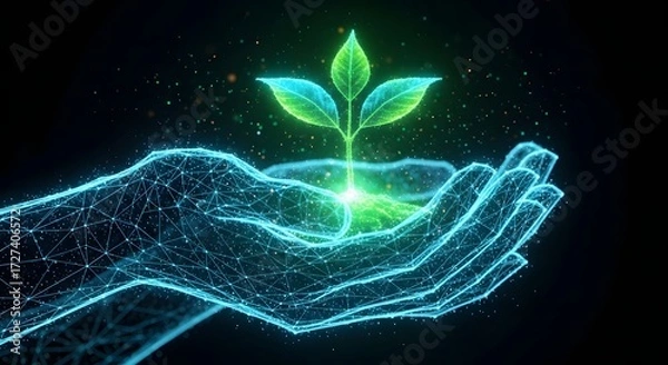 Fototapeta Digital wireframe hands cupping a small glowing green plant sprout. Concept of protecting life, agricultural technology, and bio-future.