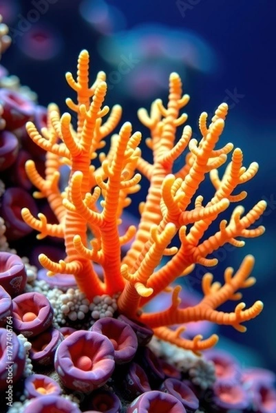 Fototapeta Vibrant Callistopopillia davidis coral, showcasing its intricate branching structure and vivid coloration in a pristine underwater environment, branching coral, invertebrate