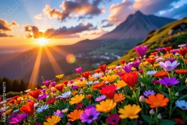 Fototapeta Vibrant wildflowers bloom at sunrise, painting the mountain meadow with a breathtaking array of colors, blossom, scenery
