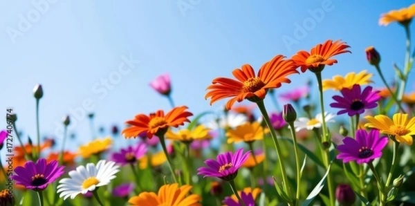 Fototapeta Vibrant wildflowers bloom in a sun-drenched meadow, showcasing a riot of color and texture against a backdrop of clear blue sky. Delicate petals unfurl, attrac, nature, field