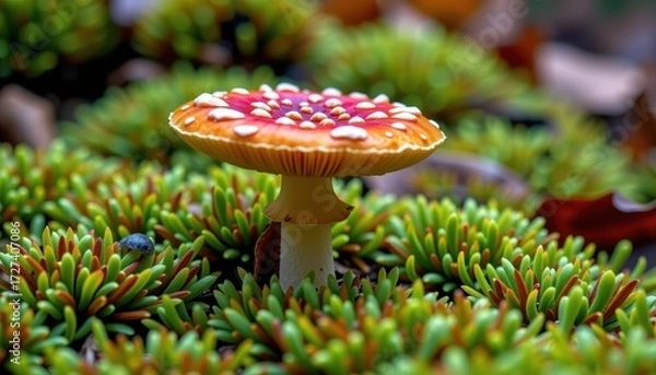 Fototapeta A vibrant mushroom emerges from a bed of lush green moss, showcasing intricate details and natural textures, green, macro, growth