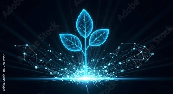 Fototapeta Digital blue glowing plant growing from the earth with a connected polygonal network. Concept of bio-technology, digital life, and agricultural innovation.