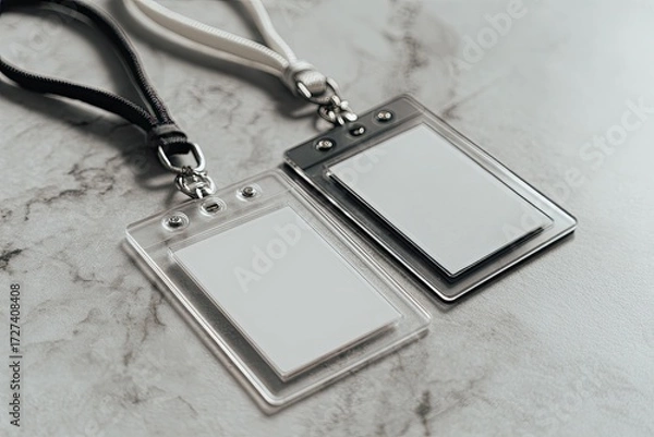 Fototapeta Two blank ID badges on a marble surface