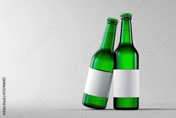 Fototapeta Two green beer bottles with blank labels on a light gray background