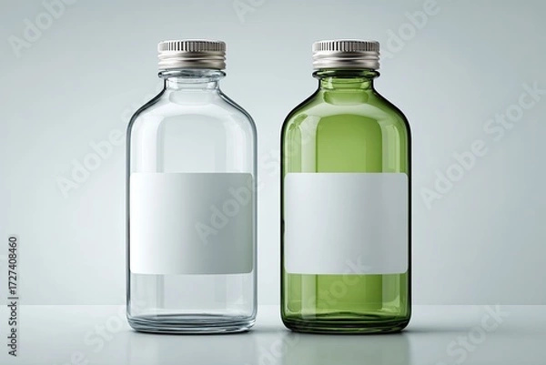 Fototapeta Two clear glass bottles, one clear and one green, with blank labels