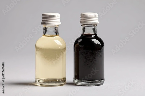 Fototapeta Two small glass bottles, one with light yellow liquid, the other with dark liquid, against a neutral background