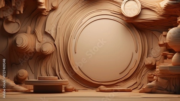 Fototapeta Abstract Wooden Circular Art Installation with Geometric Elements in Warm Tones