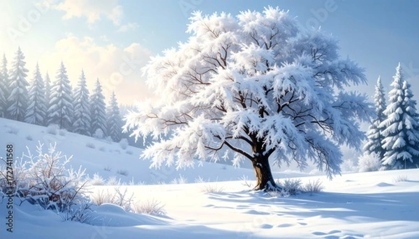 Obraz Snowy winter landscape with a large, frosted tree in a sun-drenched, hilly clearing