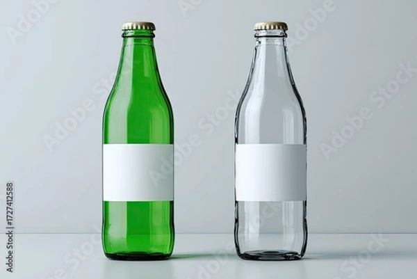 Fototapeta Two glass bottles, one green, one clear, with blank labels