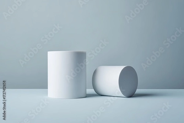 Fototapeta Two simple white cylinders on a light blue surface