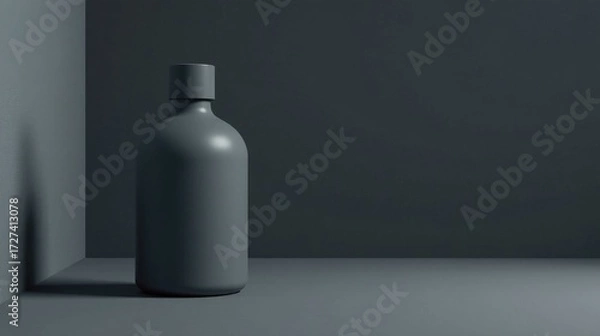 Fototapeta A sleek, dark gray bottle with a simple cap rests in a minimalist corner setting, showcasing its elegant design and clean lines against a muted background.