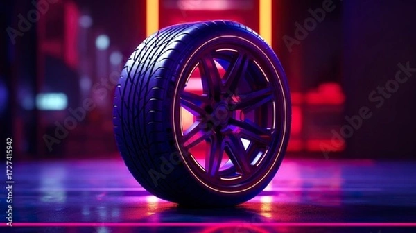 Fototapeta A photo of a tire with neon lights