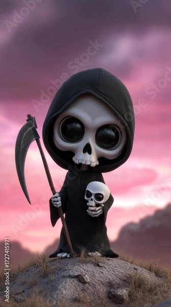 Fototapeta Rendu 3D d'une jolie faucheuse aux grands yeux debout dans un cimetière, tenant sa faux et portant une capuche noire sur la tête, ciel avec coucher de soleil rose en arrière-plan.