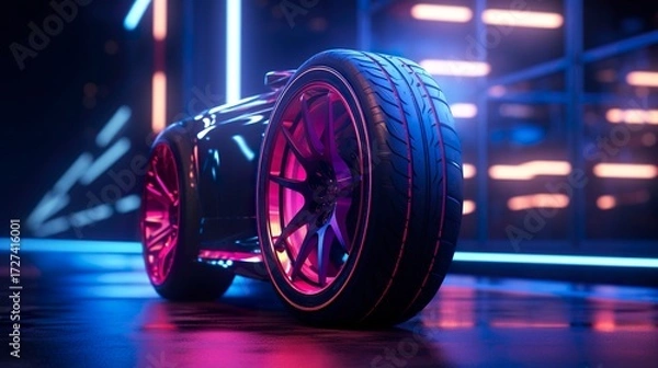 Fototapeta A photo of a tire with neon lights