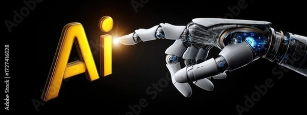 Fototapeta Une main de robot touchant du doigt le texte lumineux « ai » sur un fond sombre, concept futuriste de l'intelligence artificielle, vue panoramique.