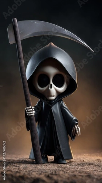 Fototapeta Un personnage de faucheuse avec de grands yeux noirs, tenant une faux, arrière-plan sombre et inquiétant, dans un style dessin animé, rendu 3D.