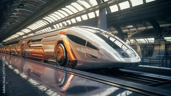 Fototapeta A photo of a train in a futuristic station