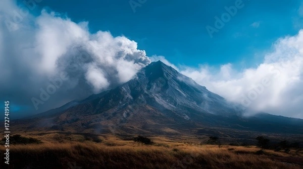 Fototapeta Majestic volcano erupting spewing a dense plume of ash and smoke against a dramatic blue sky