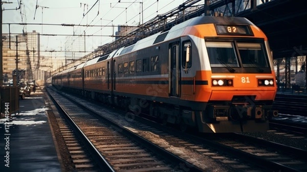 Fototapeta A photo of a train in an urban setting