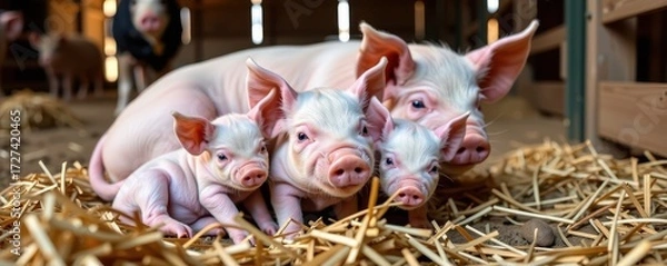 Fototapeta A mother pig and her litter of adorable piglets snuggle together on a bed of fresh straw in a rustic barn, happy, livestock