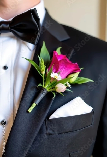 Fototapeta A classic boutonniere adds a sophisticated touch to a tuxedo, featuring a single stem flower with greenery, perfectly complementing formal attire, clothing, accessories