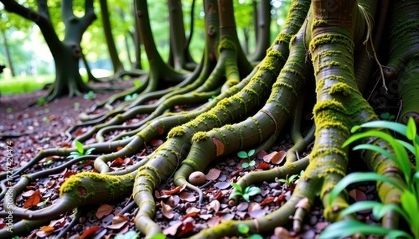Fototapeta Ancient moss-draped roots and tree trunks sprawl across the forest floor, creating a mystical, ethereal landscape, wilderness, moss