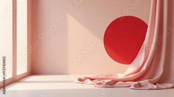 Fototapeta Soft blush pink fabric drapes elegantly across a minimalist room, sunlight streams through a window illuminating a large crimson circle on the wall.
