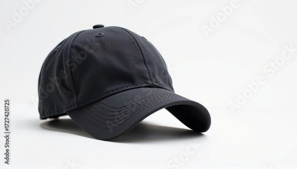 Fototapeta Dark gray baseball cap floats against a stark white background, showcasing its simple design and subtle texture, dark gray, floating, headwear