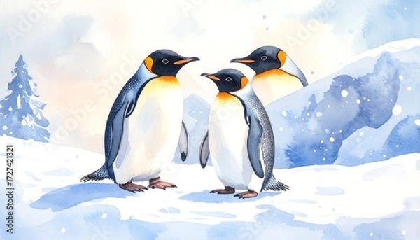 Obraz Watercolor illustration of three penguins standing in a snowy arctic landscape