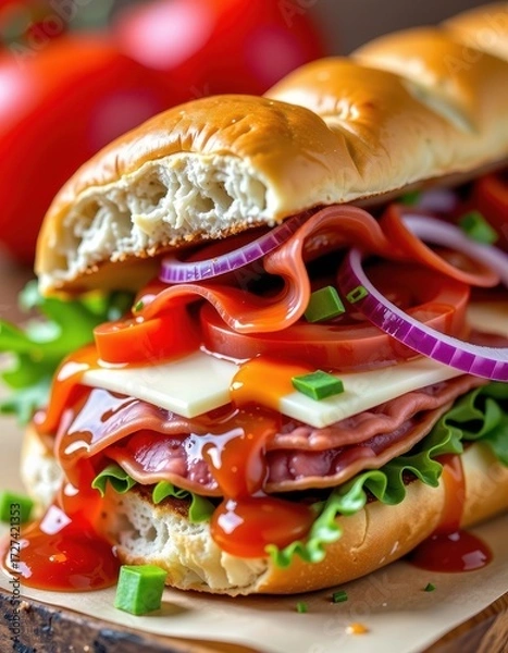 Fototapeta Juicy Italian sub overflowing with salami, capicola, provolone, lettuce, tomato, onion, and a zesty vinaigrette, served on a toasted hoagie roll, food photography, restaurant