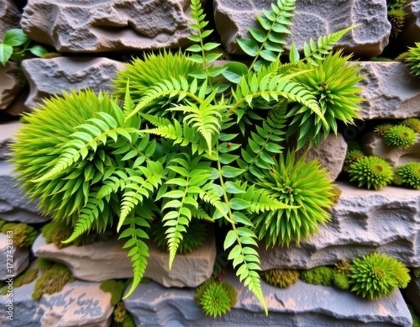 Fototapeta Lush green moss and ferns thrive on a weathered stone wall, creating a vibrant natural texture, flora, moss, summer